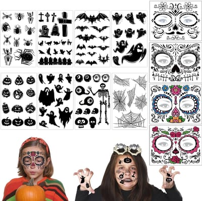 Dailygoods- Tatoeages Tijdelijk - Halloween Tatoeagestickers - Waterdicht - Gezichtstatoeages - 12 Vellen - Grappige Motieven