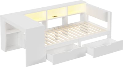 Houten bed 90x200cm Slaapbank met opbergruimte, lades, oplaadstation en hoofdeinde, met kleurrijke ledverlichting, wit