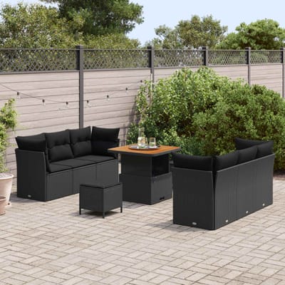 vidaXL - Tuinbank - Set - met - kussen - 9 - pcs - Zwart - poly - rattan