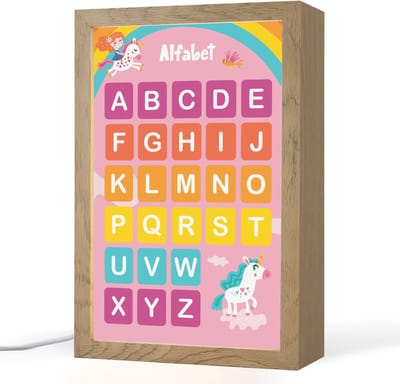 Nachtlampje 20x30 cm - Kinder lampje - Alfabet - Educatief - Letters leren voor kinderen - Roze - Eenhoorn - Tafellamp kinderkamer - Slaapkamer lamp - Bedlamp kinderen - Kinderlampje stopcontact - Wandlamp babykamer - Nachtlampjes