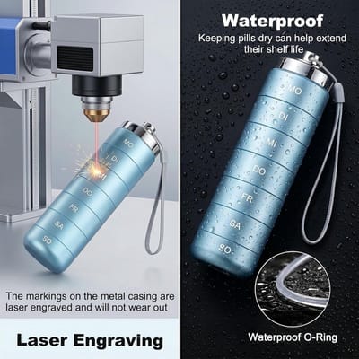 Tablettenbox voor 7 dagen, waterdichte pillendoos met draaisluiting, ideaal voor medicatie, reizen en outdoor activiteiten, aluminium en stapelbaar (blauw)