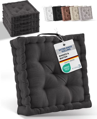 Beautissu Zitkussen Set van 4 Matraskussen 40x40x8 cm - vloerkussen met praktische draaggreep - kussen antraciet - Mila