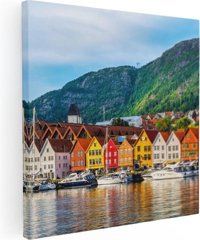 Artaza Canvas Schilderij Haven Bergen - 30x30 cm - Klein - Wanddecoratie Zeilboot - Muurdecoratie Skyline - Kamer Accessoires