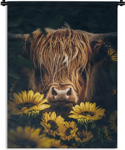 Wandkleed - Wanddoek - Schotse hooglander - Bloemen - Koe - Botanisch - Dieren - 90x120 cm - Wandtapijt