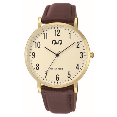 Q&Q C43A-004PY - Horloge - Polshorloge - Analoog - Heren - Mannen - Leren band - Rond - Metaal - Cijfers - Bruin - Goudkleurig