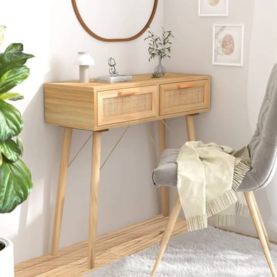 vidaXL - Wandtafel - 80x30x75 - cm - massief - grenenhout - en - natuurlijk - rattan