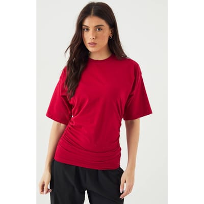 Dames DSGN Studio Top met Gerimpelde Zijkant en Korte Mouwen | Red | Maat: XS