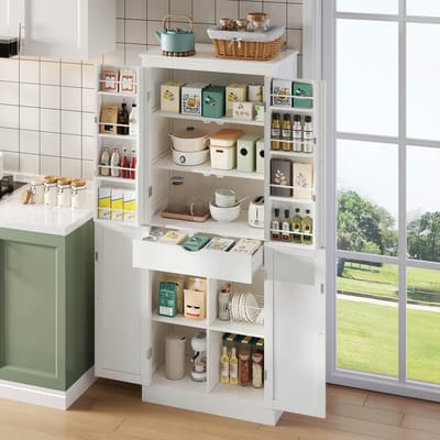 Keukenkast 75x40x180cm - dressoir - multifunctionele hoge kast - met deurramen - opbergvak en ingebouwde lades - wit