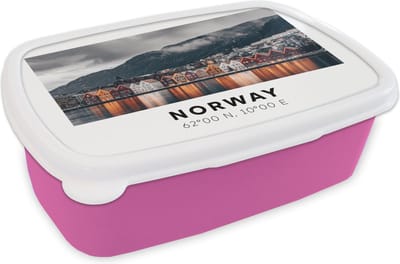 Broodtrommel Roze - Lunchbox - Brooddoos - Noorwegen - Huizen - Meer - 18x12x6 cm - Kinderen - Meisje