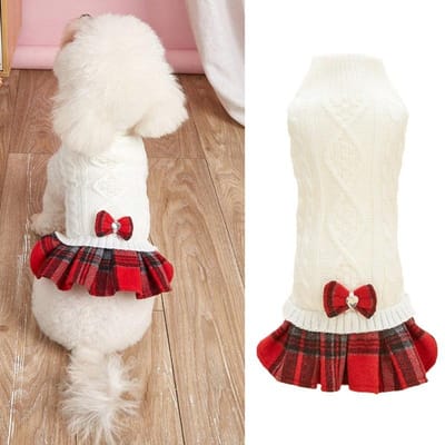Robe en Fourrure d'Animal Blanc Gris Pull Tricoté Épissure Nœud Jupe Plaid Manteau en Laine Pull Vêtements de Noël pour Chien Vêtements pour Chiot XS