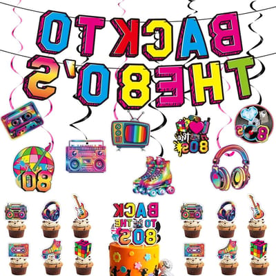 Retro Disco Feestdecoraties Set - 30 Stuks met Banner, Hangende Swirls en Taartdecoratie voor Verjaardagsfeest en 80s Themafeest
