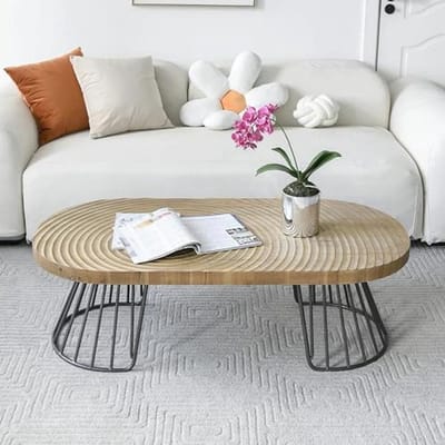 Ovale houten salontafel met metalen frame – Lichte bruin, 120 x 60 x 40 cm
