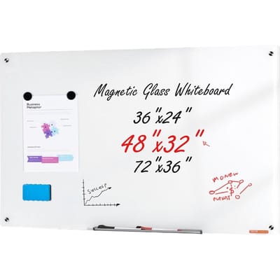 Magnetisch Glas Whiteboard, Whiteboard voor Droog Uitwissen 1200 x 800 mm, Wandmontage Groot Wit Glazen Whiteboard Randloos, met Markerbakje, een Wisser en 2 Markers,