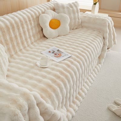 Qelus Bankhoes - 1-delige Pluizige Sofahoes – Zachte Konijnenbont Stijl – Dikke Bankhoes voor Stoelen, Banken of Bed – Warm Winterhoes voor Woonkamer & Slaapkamer (L180* B230cm) - Beige