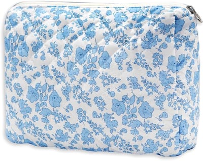 Grote Cosmetica Tas met Bloemenpatroon - Esthetische Make-up Tas voor Vrouwen, Ideaal voor Reizen en Organiseren van Toilettasjes, Wit met Blauwe Bloemen