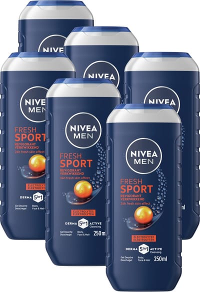 NIVEA MEN Sport Douchegel Mannen - 3-in-1 Shower Gel Met Limoengeur - Shampoo - Voordeelverpakking - 6 x 250 ml