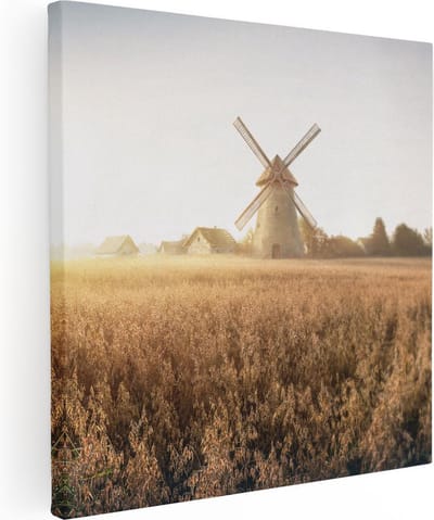 Artaza Canvas Schilderij Korenveld - 30x30 cm - Klein - Wanddecoratie Zonsondergang - Muurdecoratie Molen - Kamer Accessoires Landschap - Herfst