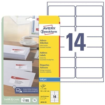 Avery - Adressetiketten - weiß - 99,1 x 38,1 mm - 350 Etikett(en) (25 Bogen x 14) (J8163-25)
