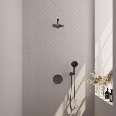 Brauer Gunmetal Edition thermostatische inbouw regendouche 3-weg rond SET 79 met 20 cm douchekop en rechte muurarm en 3-standen handdouche en doucheslang en wandaansluitbocht gunmetal geborsteld PVD