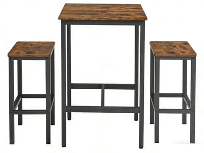 Barset,bruin + zwart 3-delig met 1 tafel van 60 x 60 x 90 cm en 2 krukken van 30 x 40 x 65 cm, stevig en duurzaam metalen frame, krukken kunnen onder de tafel worden geschoven om ruimte te besparen, geschikt voor eetkamer en bar.