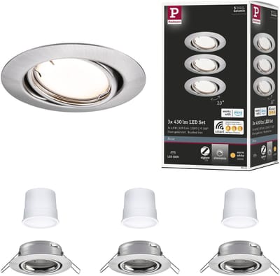 LED-inbouwlamp Smart Home Zigbee 3.0 Base Coin Basisset zwenkbaar rond 90 mm 20° Coin 3x4,9W 3x430lm 230V dimbaar 3000K Staal geborsteld