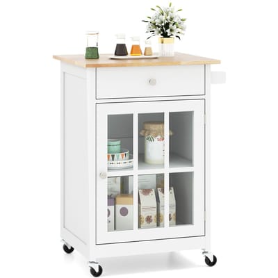 Coast Keukeneilandwagen met Houten Tafelblad, Glazen Deur & Lade - 65 x 48,5 x 87,5 cm - Naturel/Wit