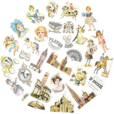 Finnacle - Washi Stickers - Retro Afbeeldingen voor Bullet Journals, Scrapbooking en meer - 60 unieke designs van Vrouwen, Gebouwen, Waaier, Koets en meer!