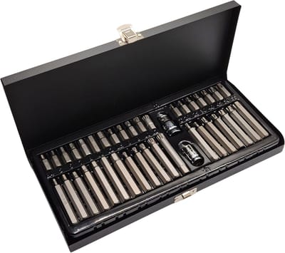 LB Tools Bitset 40 delig Inbus, Torx en Spline met twee bithouders 1/2 en 3/8 inch in metalen opberg doos
