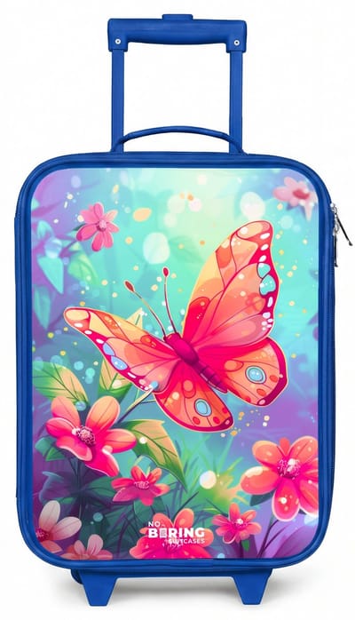 NoBoringSuitcases.com® - Kinderkoffer blauw - Kindertrolley jongen - Verbluffende vlinder - Koffer kind lichtgewicht - Reiskoffer trolley voor kinderen - Koffertje met lichtgevende wieltjes - Rolkoffer