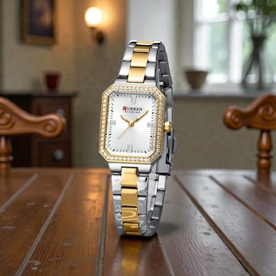 CURREN 9102 Two-Tone met Witte Wijzerplaat Dameshorloge met Kristalrand en Lichtgevende Wijzers