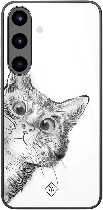 Casimoda® hoesje - Geschikt voor Samsung Galaxy S25 - Peekaboo Kat - Luxe Hard Case Zwart - Backcover telefoonhoesje - Grijs