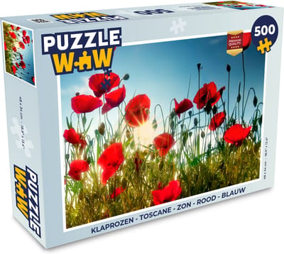 Puzzel Klaprozen - Toscane - Zon - Rood - Blauw - Legpuzzel - Puzzel 500 stukjes
