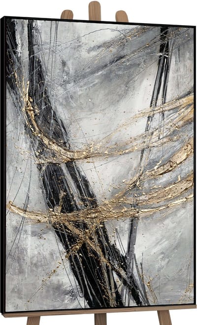 Canvas schilderij groot handgeschilderd gouden lijn abstract minimalistisch – YS-Art Gallery – Stijlvolle wanddecoratie voor woonkamer – Modern schilderij voor slaapkamer en kantoor