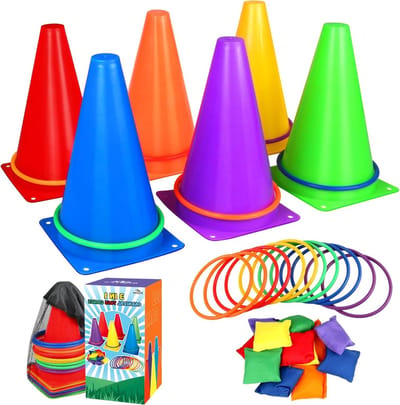 Carnaval Ring Toss Spelset voor Kinderen - 30 Stuks Buiten Spellen met Plastic Cones en Bean Bags voor Feestjes en Activiteiten