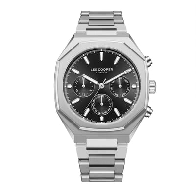 Lee Cooper LC08045.350 - Horloge - Polshorloge - Analoog - Mannen - Heren - stalen band - Achthoek - Metaal - Strepen - Datumaanduiding - 12/24H - Zilverkleurig - Zwart