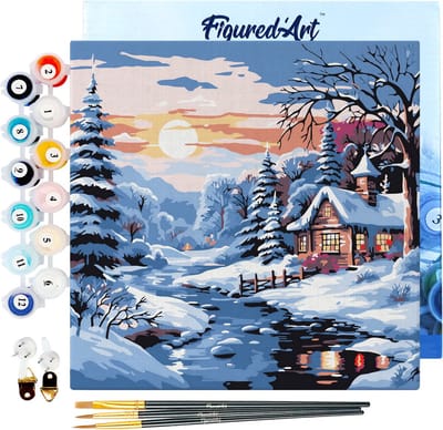 Figured'Art Mini Schilderen op Nummer Volwassenen 20x20cm met lijst Lieflijk Winterhuisje - Klein Formaat Creatieve Hobby Kit DIY Art Nummer Compleet