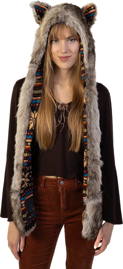 KIMU® Hood Navajo Bruine Wolf Muts Sjaal Wanten Oortjes Bontmuts Spirit Festival