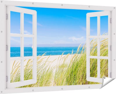 Gards Tuinposter Doorkijk Strand en Zee met een Zeilboot - 180x120 cm - Tuindoek - Tuindecoratie - Wanddecoratie buiten - Tuinschilderij