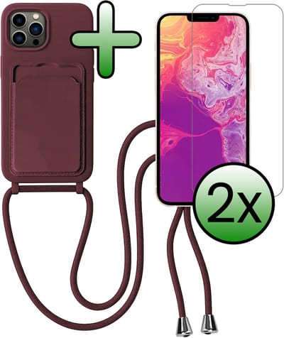 Hoes Geschikt voor iPhone 13 Pro Hoesje Pas Houder Case Hoes Met Koord Met 2x Screenprotector - Hoesje Geschikt voor iPhone 13 Pro Hoes Met Telefoonkoord Pasjeshouder Cover - Aubergine