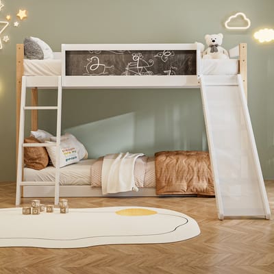 Stapelbed 90x200 en 90x190 – Kinderstapelbed met Trap en Veiligheidshek – Hout – Wit – Voor Kinderen en Tieners – met Glijbaan