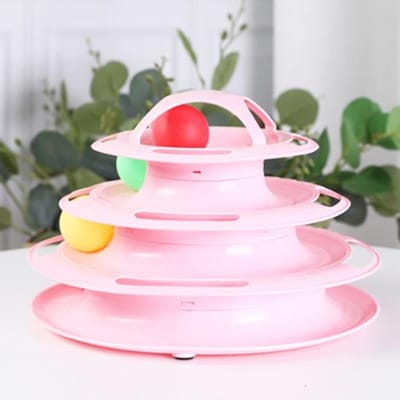 Qsezeny Jouet pour Chat 4 Niveaux Entraînement Amusement Plateau Chaton Tour Pistes Disque Chat Intelligence Amusement Triple Disque Culbuto Four-tier rose
