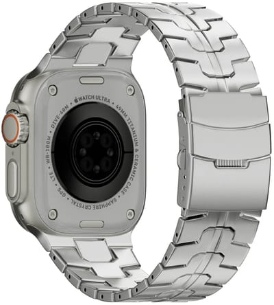 Stravo Hoogwaardig Titanium Horlogebandje 'Iron' – Geschikt voor Apple Watch 46mm (Series 10/11), 45mm (Series 7/8/9), 44mm (Series 4/5/6, SE 1/2/3), 49mm (Ultra 1/2/3) - Titanium metalen bandje met veilige sluiting - Zilver