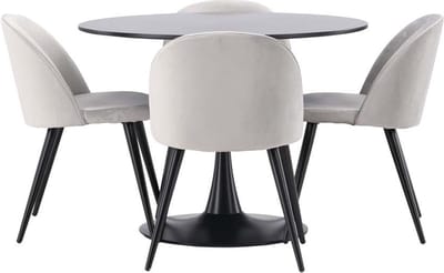 Glade eethoek tafel zwart en 4 Velvet stoelen grijs.