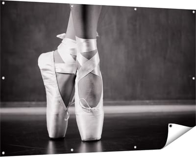 Gards Tuinposter Ballet Schoenen van een Ballerina - Zwart Wit - 150x100 cm - Tuindoek - Tuindecoratie - Wanddecoratie buiten - Tuinschilderij