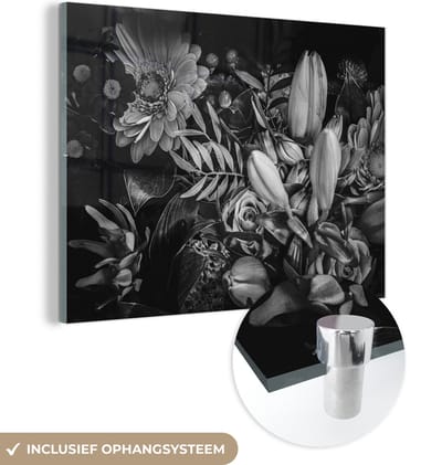 MuchoWow® Glasschilderij 160x120 cm - Schilderij acrylglas - Boeket - Stilleven - Bloemen - Planten - Rood - Foto op glas - Schilderijen