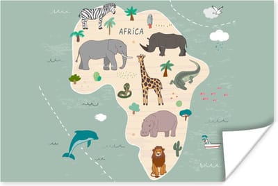 Wereldkaart kinderen - Dieren - Afrika - Jongens - Blauw - Kids - 30x20 cm - Poster