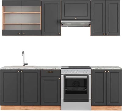 Vicco Fame-Line Complete keukeneenheid – 240 cm, WB Marmer Antraciet Landhuis/Goud Kraft Eik