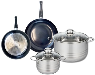 Set van 2 Koekenpannen 20 en 24 cm en 2 Kookpotten 16 en 24 cm Elo Prima Glanzend