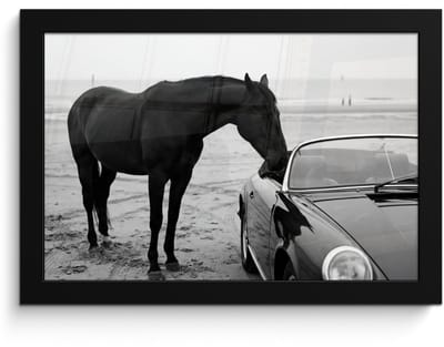 Poster in lijst - Fotolijst 30x20 cm - Posters - Paard - Auto - Zwart - Wit - Posterlijst zwart - Decoratie - Wanddecoratie woonkamer - Muurdecoratie slaapkamer