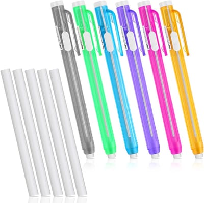 Penstijl Gummetjes, 6 Inklapbare Gummipen Huls + 6 Gummetjes, Perfect voor Kantoor, School en Creatieve Projecten, Verkrijgbaar in Meerdere Kleuren